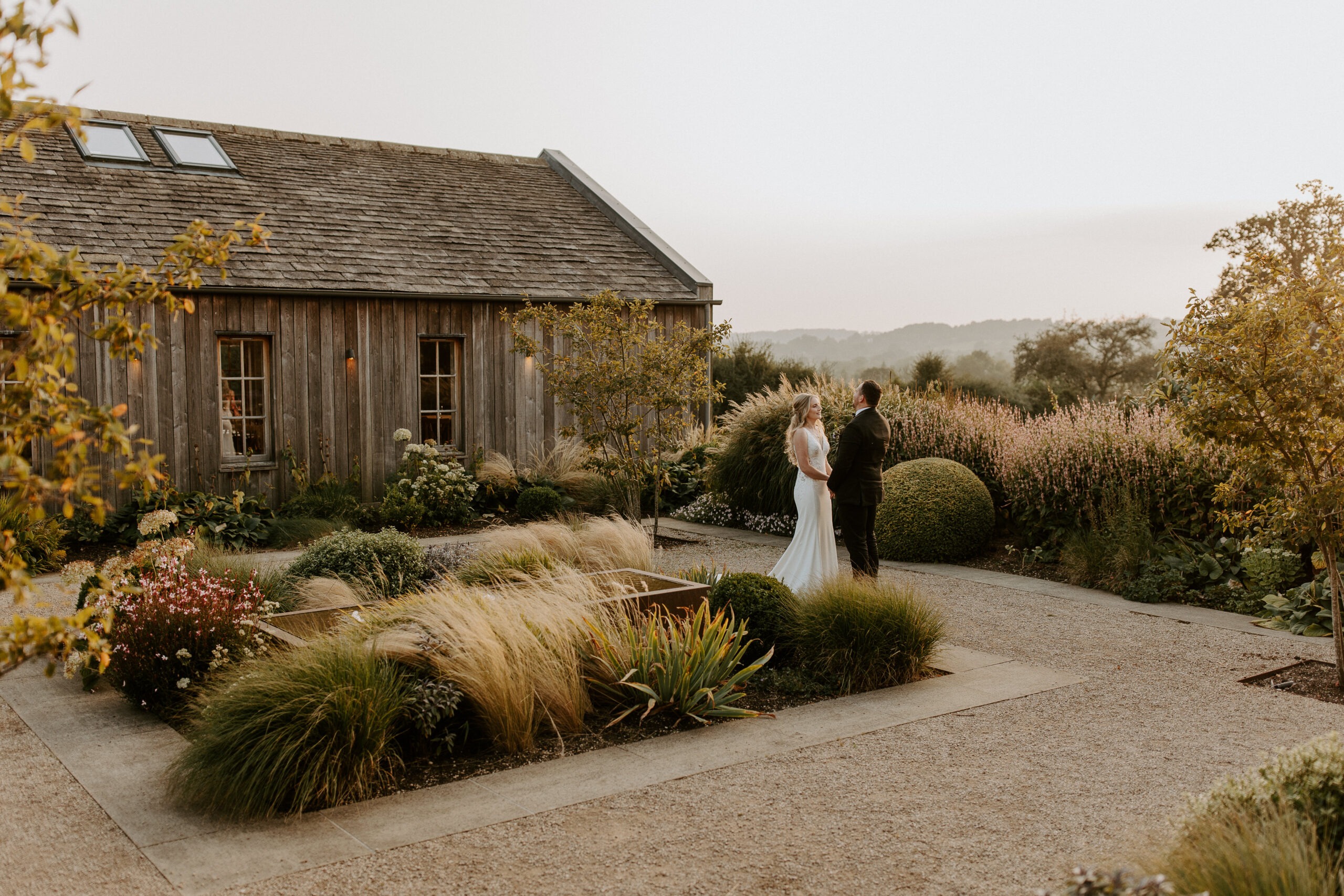 couple at hyde house during golden hour