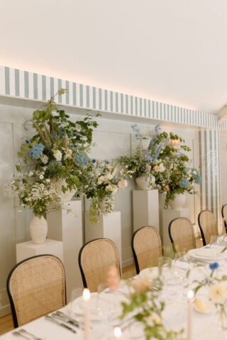 pastel floral centrepieces and elegant table styling.